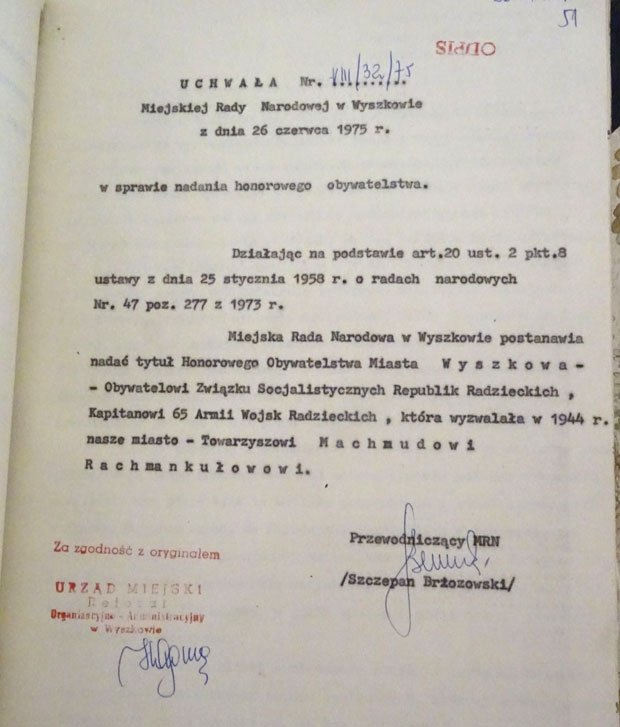 Uchwała w sprawie nadania honorowego obywatelstwa miasta Wyszkowa Makhmudowi Rachmankułowowi