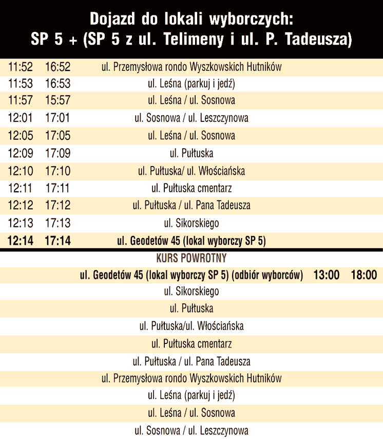 Rozkład jazdy - gmina Wyszków, wybory 18 maja 2025