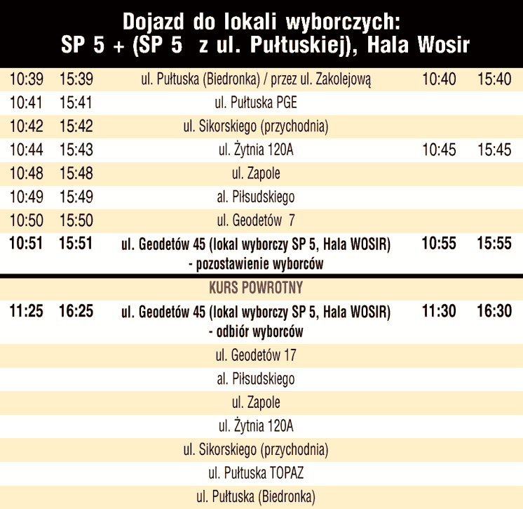 Rozkład jazdy - gmina Wyszków, wybory 18 maja 2025