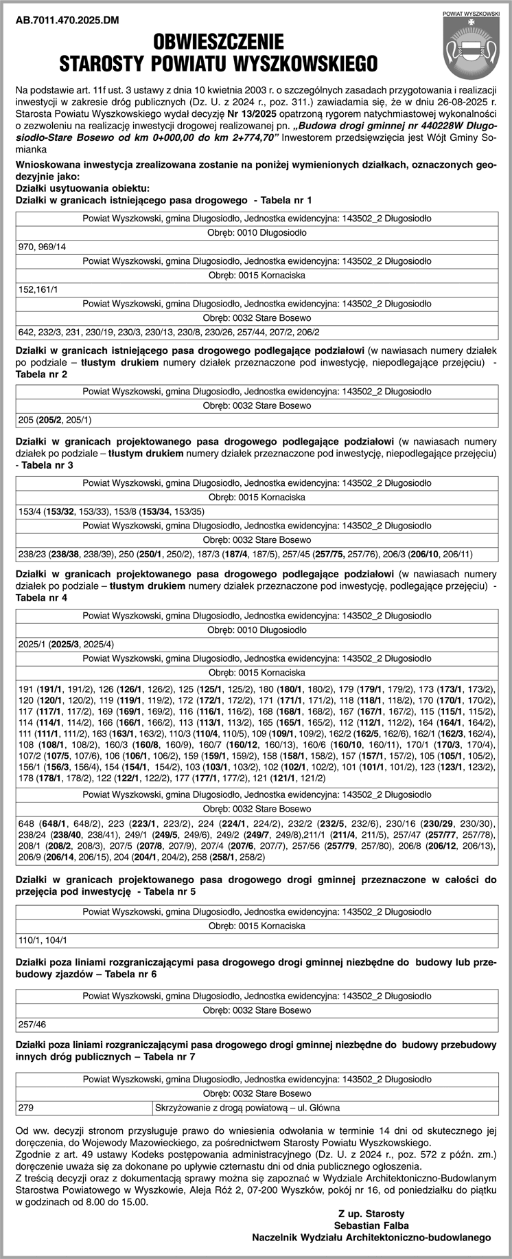 Obwieszczenie Starosty Powiatu Wyszkowskiego AB.7011.470.2025.DM z dn. 29.08.2025