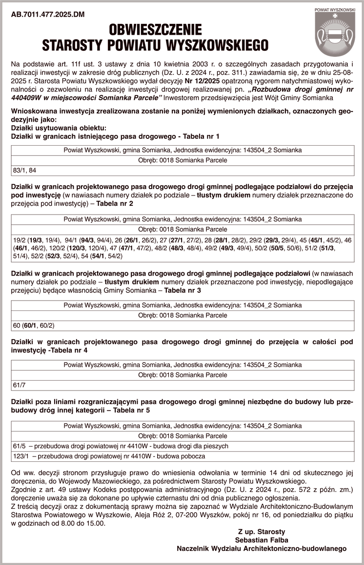 Owieszczenie Starosty Powiatu Wyszkowskiego nr AB.7011.477.2025.DM z dn. 29.08.2025