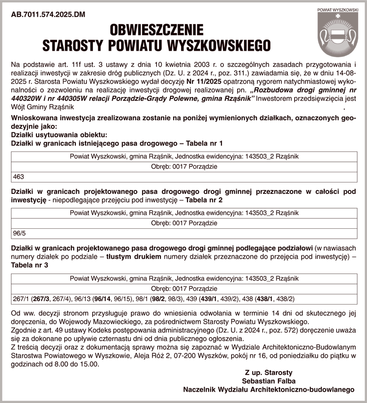Owieszczenie Starosty Powiatu Wyszkowskiego nr AB.7011.477.2025.DM z dn. 29.08.2025